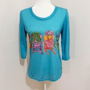 Leoma Lovegrove Teal Top 3/4 Sleeves Coastal Chair Beach Design Size Petite S